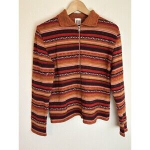 Oilily Wool Stripe Full Zip Sweater Cardigan Vintage Western Embroidered Boho